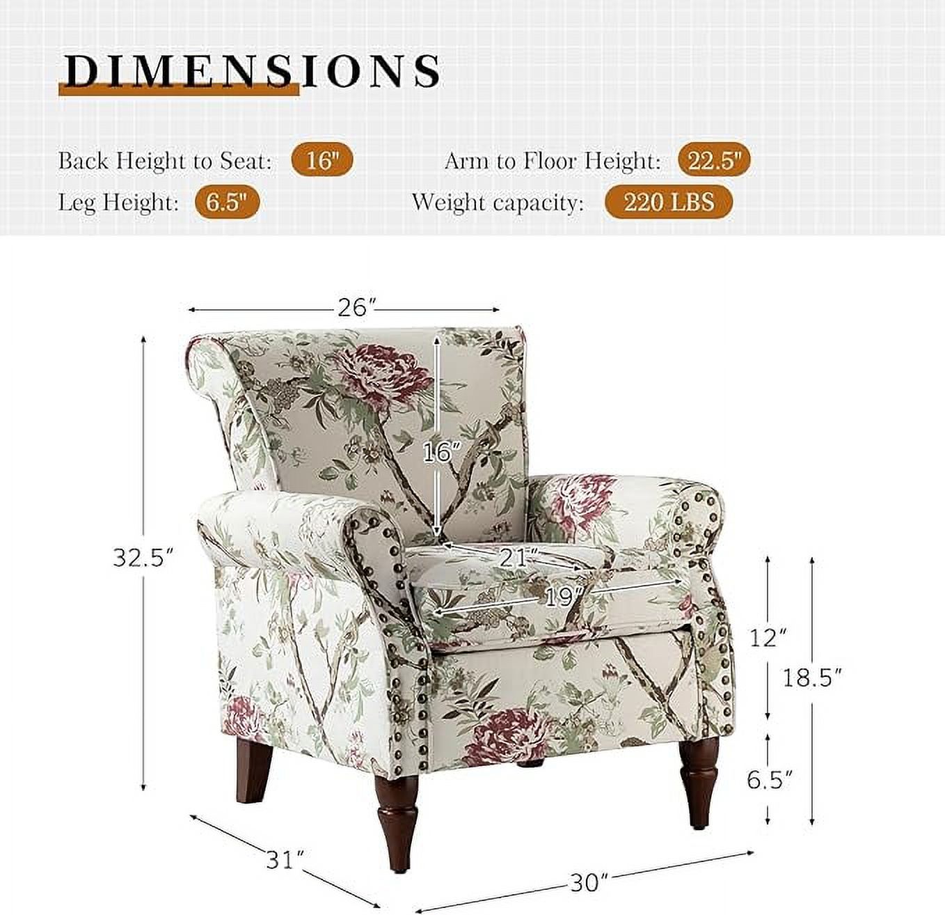 Wooden Upholstered Accent Chair Set of 2 with Removable Cushion Wingback Floral Lounge Sofa Set Nailhead Trim X43018
