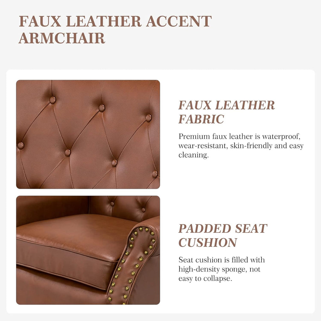 Brown Faux Leather Accent Chair with Solid Wood Legs S621