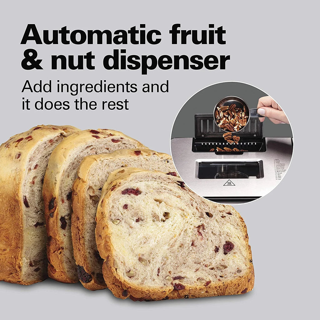 Bread Maker Machine with Auto Fruit and Nut Dispenser, 2 lb. Loaf Capacity, 14 Programmable Settings T76504