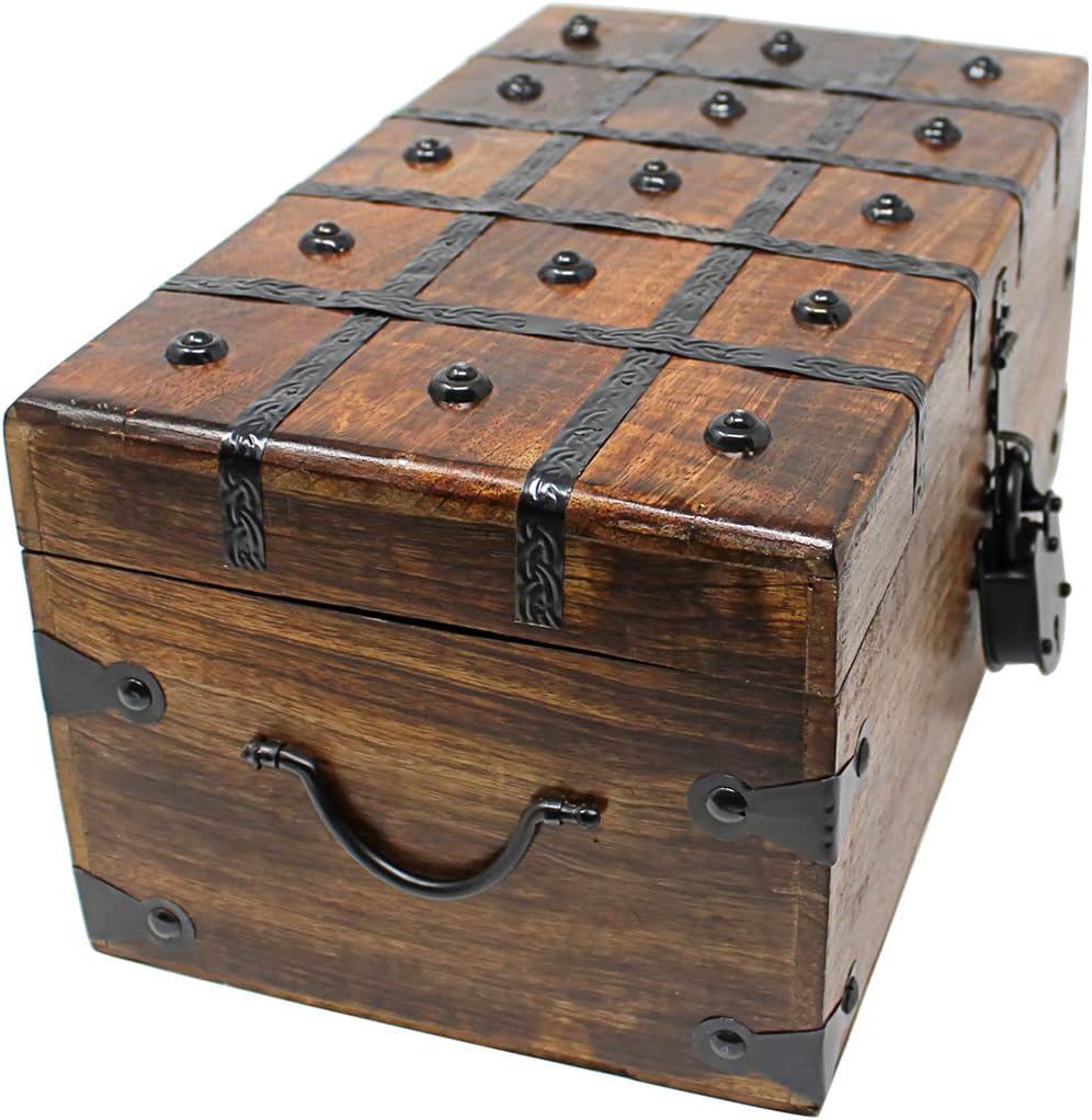 Treasure Chest Wooden Box with Antique Iron Lock and Skeleton Key W375