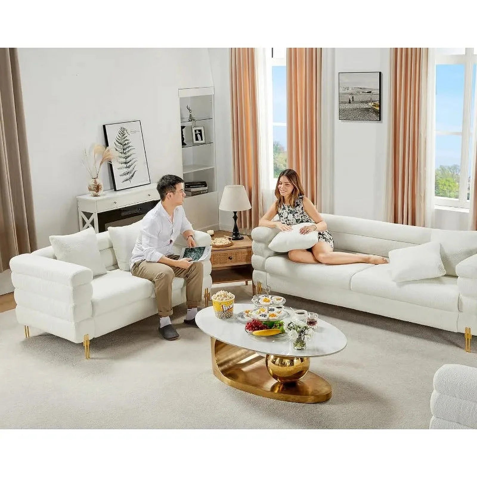 Oversized 85 Inch 3 Seater White Bouclé Sofa W7042