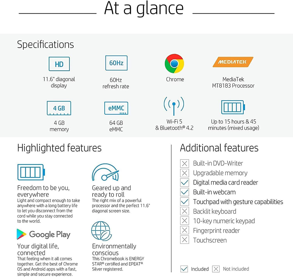 11.6 HD Anti-Glare Chromebook, 4GB RAM, 128GB Storage N4202