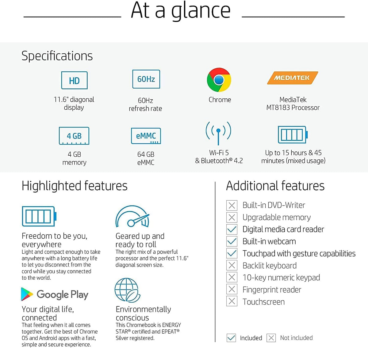 11.6 HD Anti-Glare Chromebook, 4GB RAM, 128GB Storage N4202