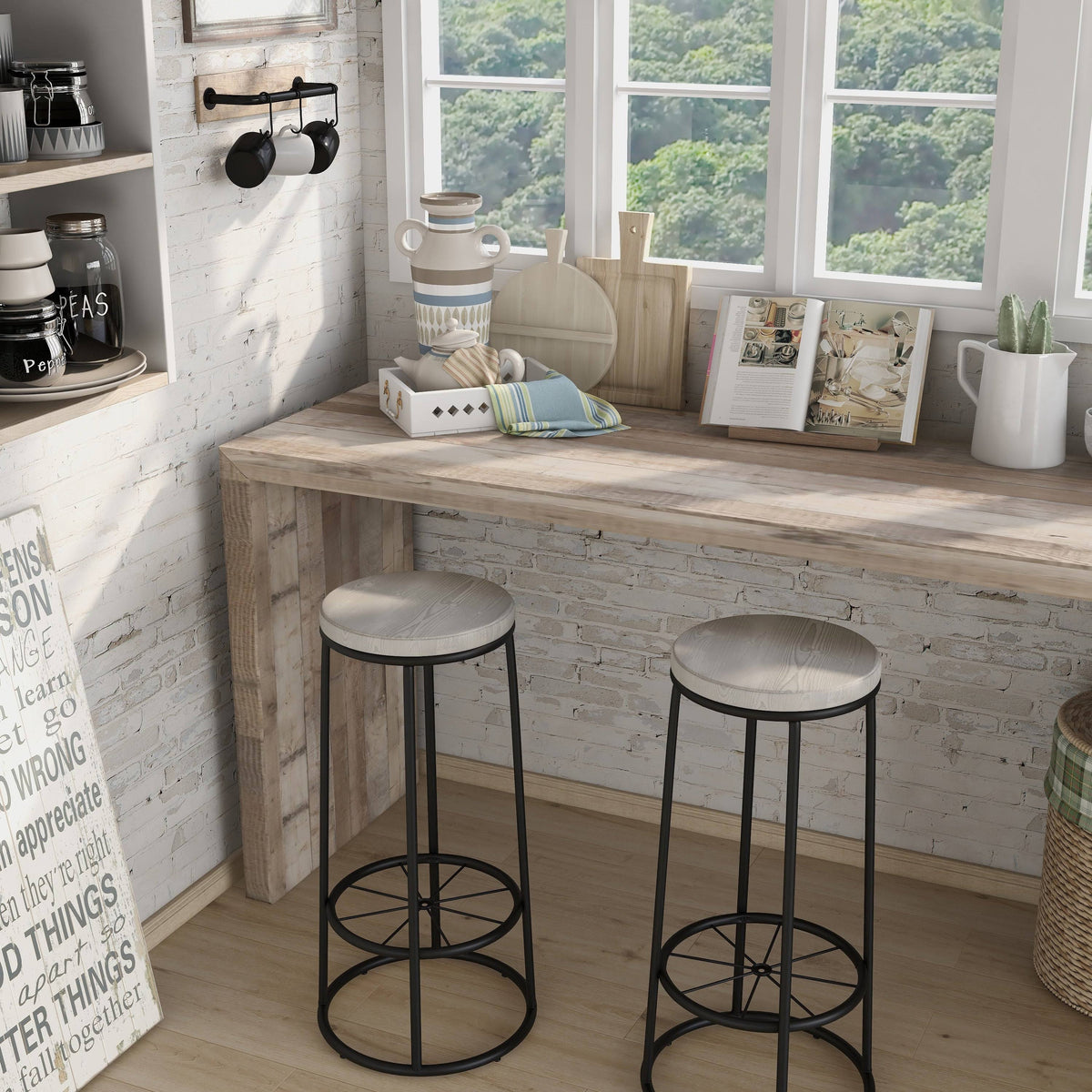 Rustic Metal Barstools Set of 2 Coastal White D562616