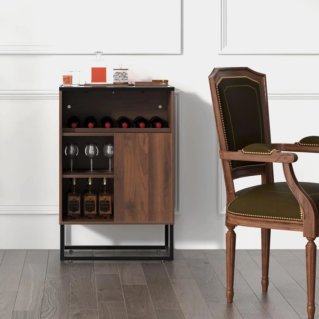 Wine Cabinet Sideboard Buffet Cabinet with Tempered Glass Top Sliding Door Freestanding Wine Rack Table I7136