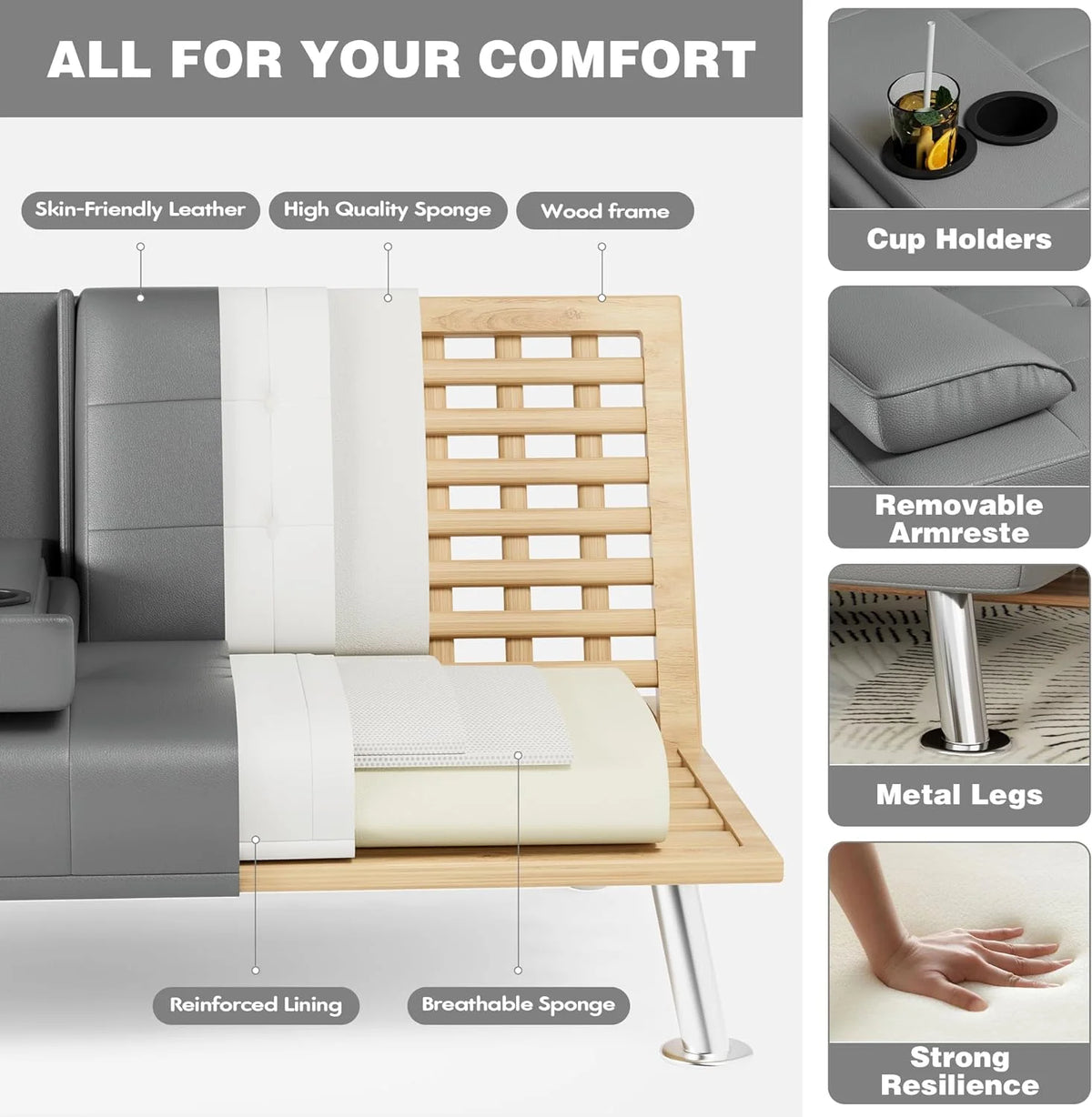 Faux Leather Convertible Folding Futon Sofa Bed with Removable Armrests and 2 Cup Holders V225213
