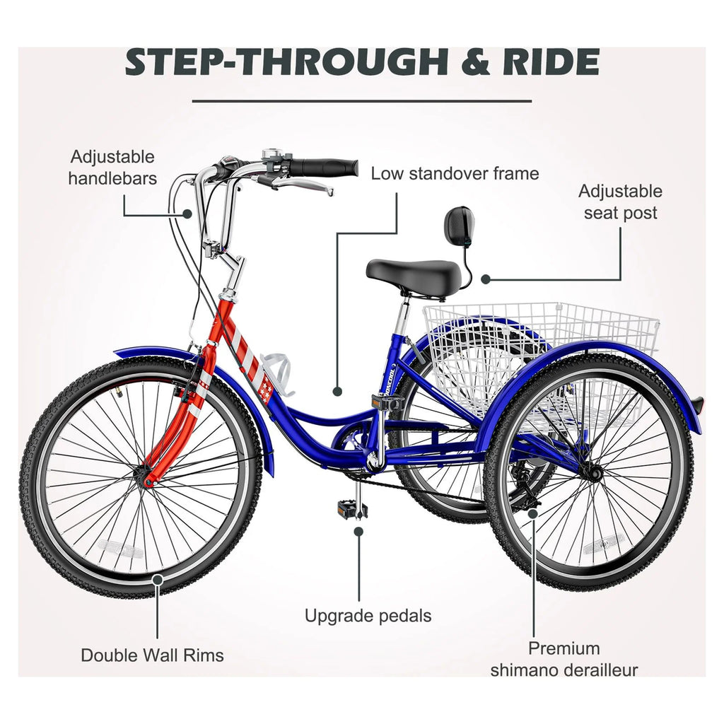 Adult Tricycles 3 Wheel 7 Speed 20 inch with Big Basket I876470