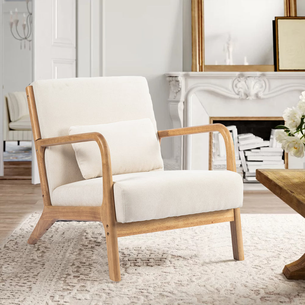 Beige Linen Upholstered Accent Armchair with Solid Wood Frame and Pillow F649861