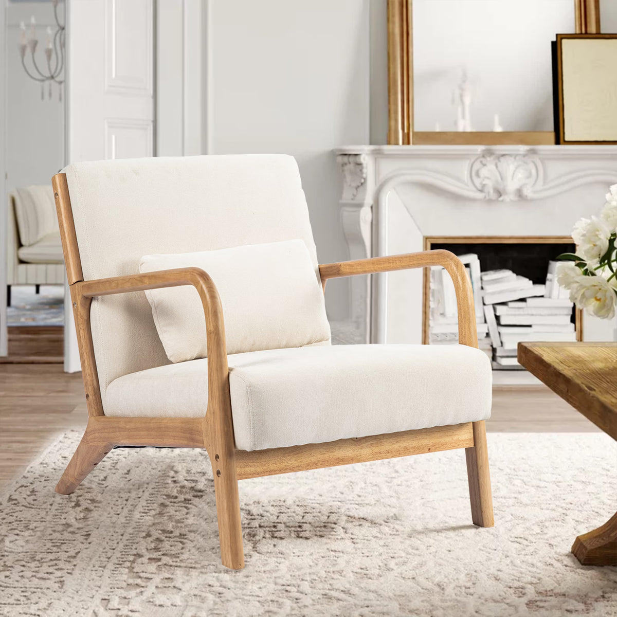 Beige Linen Upholstered Accent Armchair with Solid Wood Frame and Pillow F649861