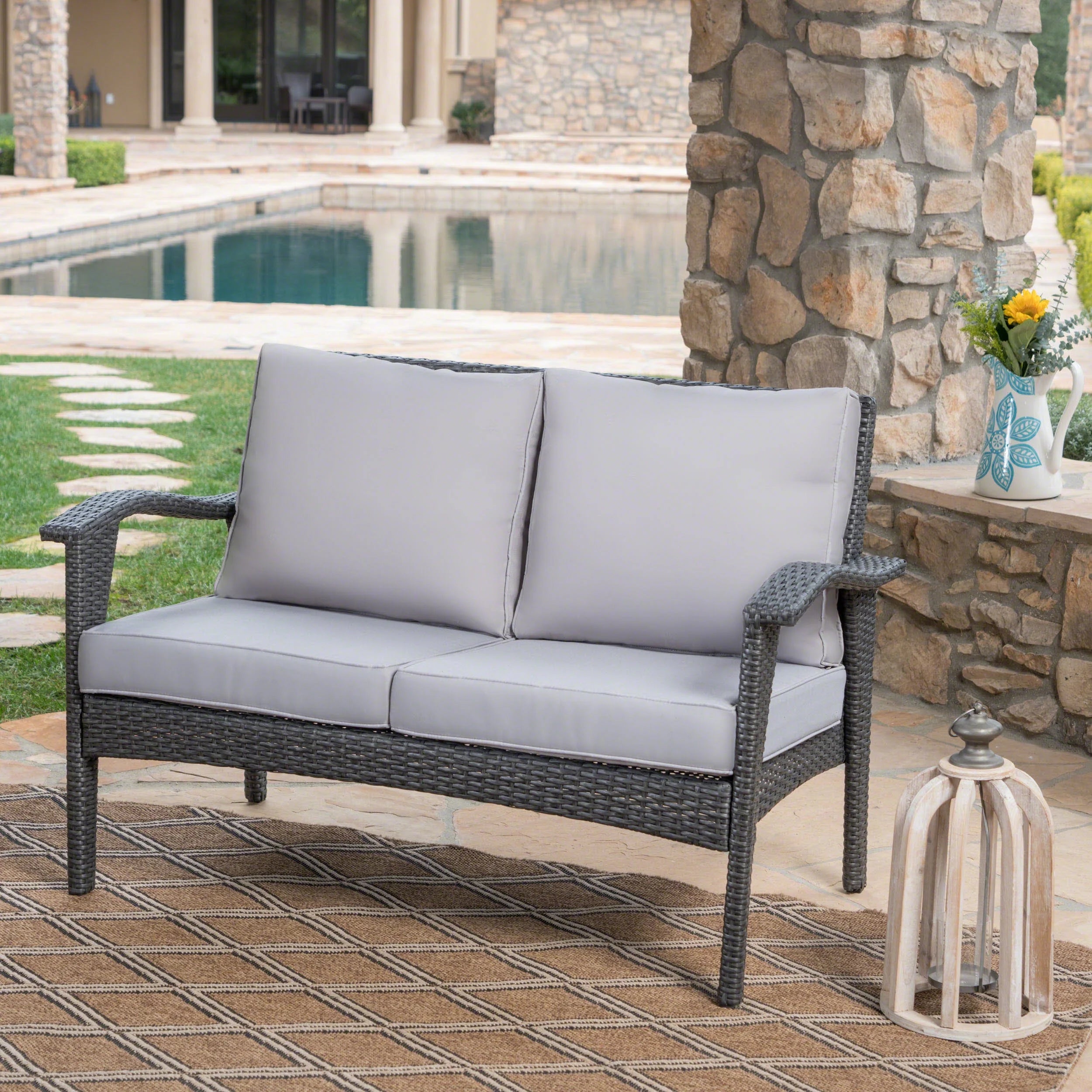 Grey Wicker Loveseat with Weather Resistant Cushions K2448