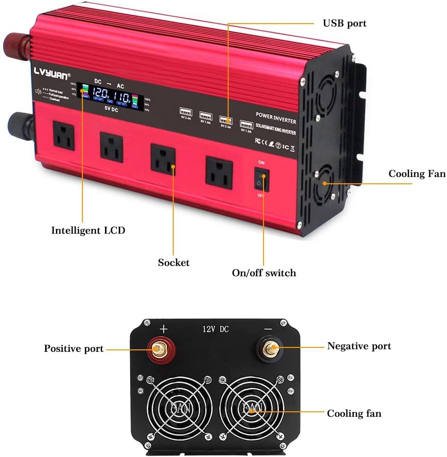 2500W Power Inverter 12V to 110V DC to AC with LCD Display, Remote Controller, 4 x AC Outlets, 4 x 3.1A USB G914