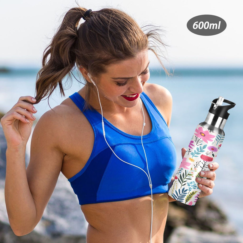 Pink Blue Flowers Stainless Steel Insulated Water Bottle with Straw Lid G1799