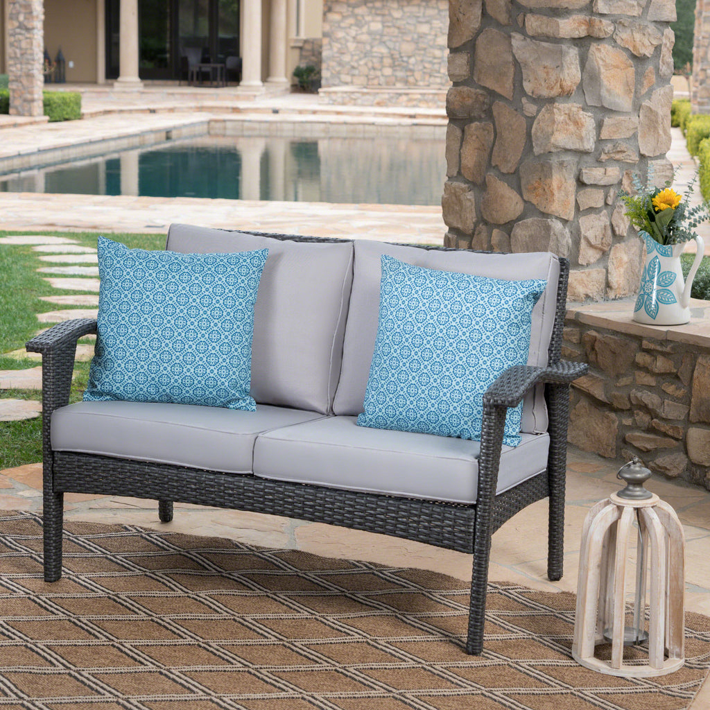 Grey Wicker Loveseat with Weather Resistant Cushions K2448