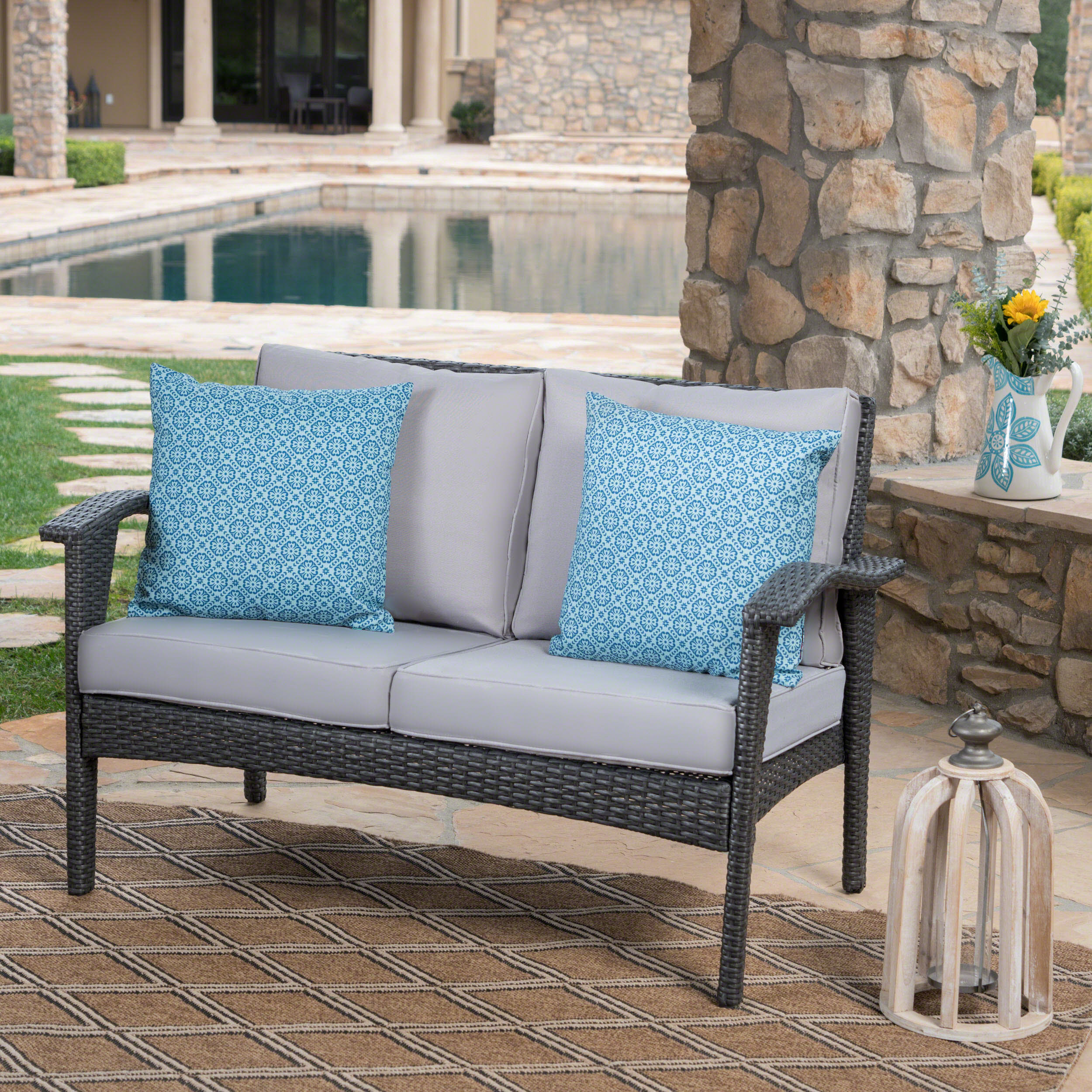 Grey Wicker Loveseat with Weather Resistant Cushions K2448