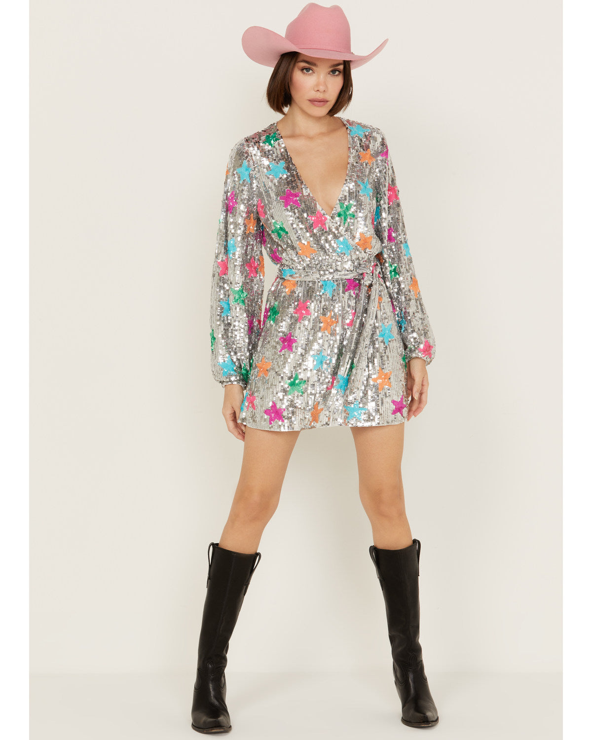 Sequin Long Sleeve Mini Dress Silver Small I282