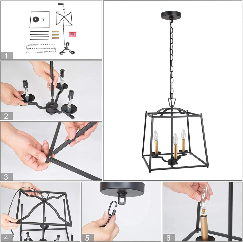 Black Modern 3-Light Lantern Cage Chandelier I869477