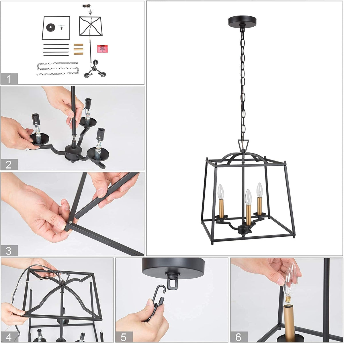 Black Modern 3-Light Lantern Cage Chandelier I869477