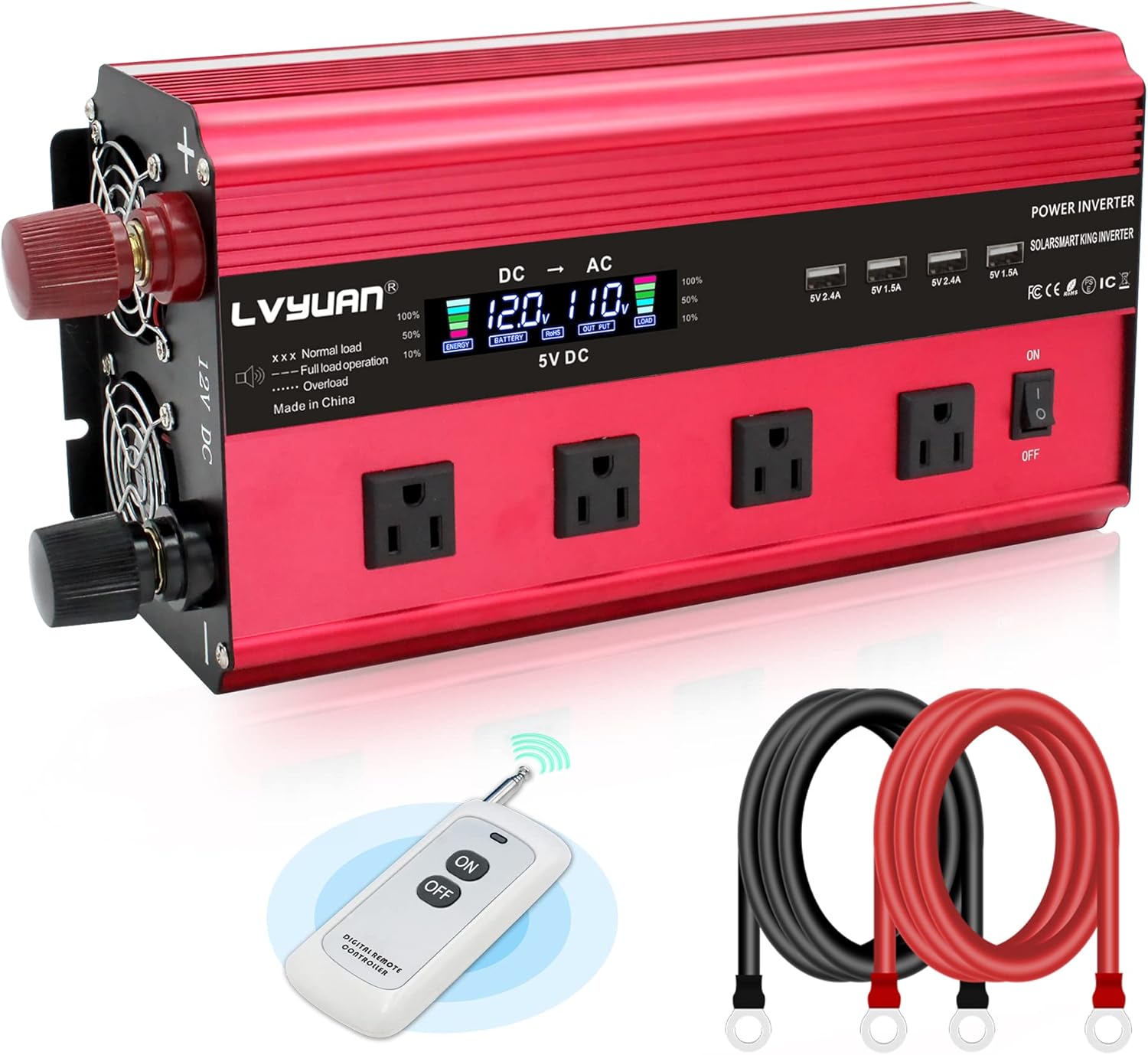 2500W Power Inverter 12V to 110V DC to AC with LCD Display, Remote Controller, 4 x AC Outlets, 4 x 3.1A USB G914