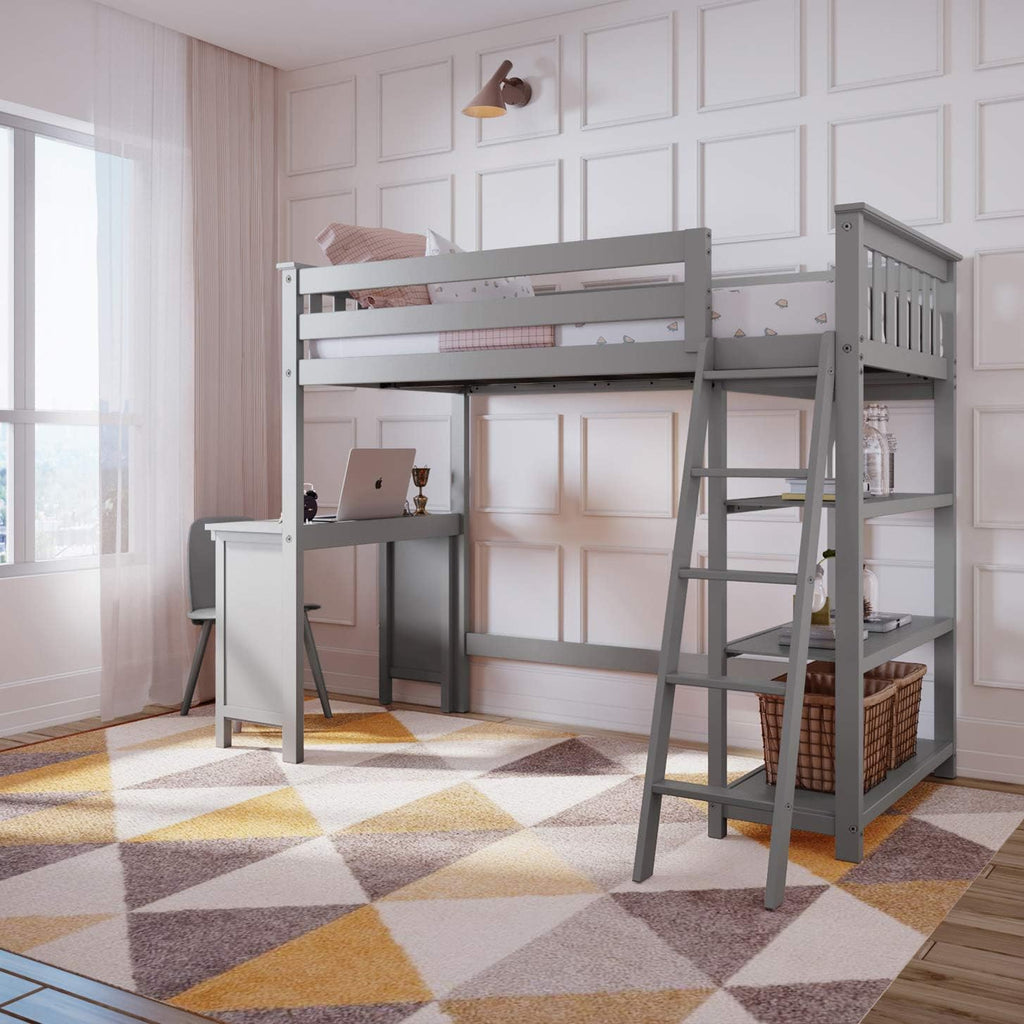White Solid Wood Twin-Size High Loft Bed with Bookcase and Desk R893