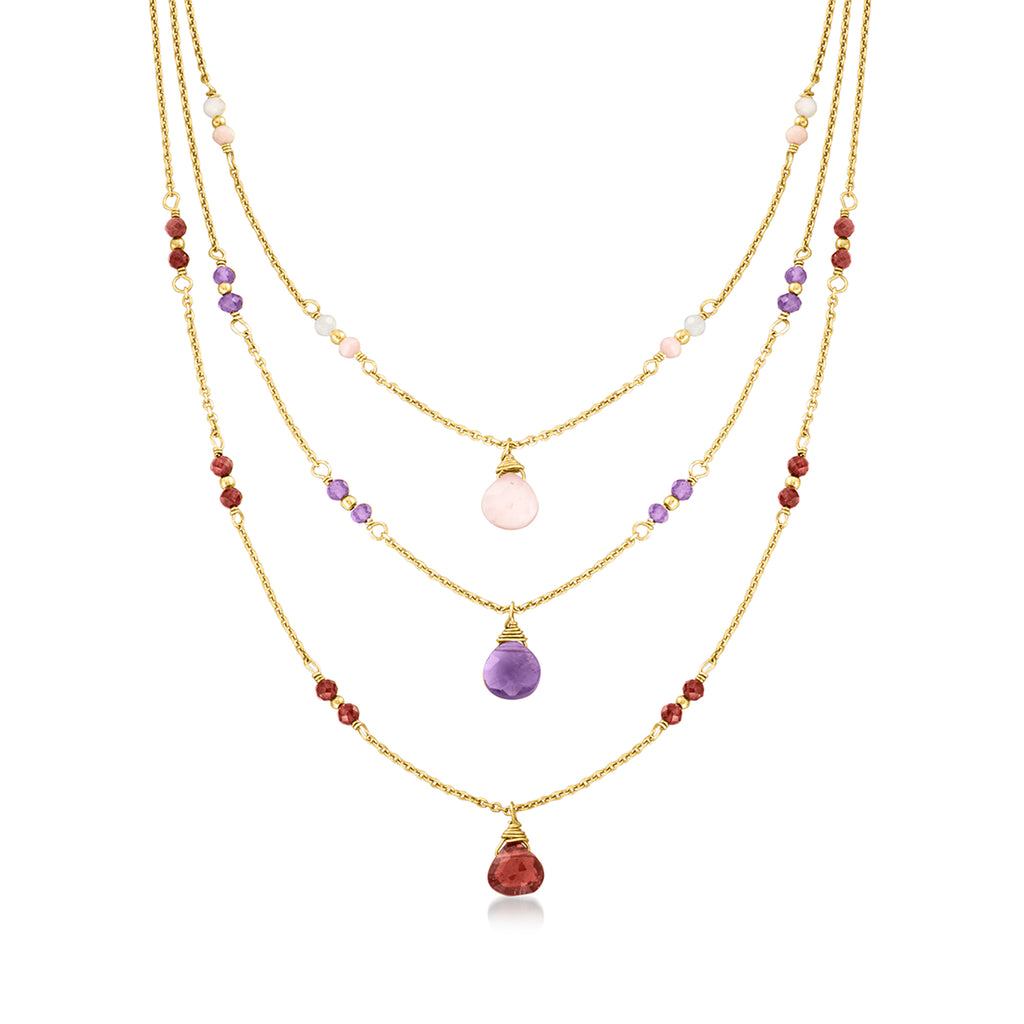Italian Pink Opal Multi-Gemstone Layered Necklace in 24kt Gold Over Sterling F2902