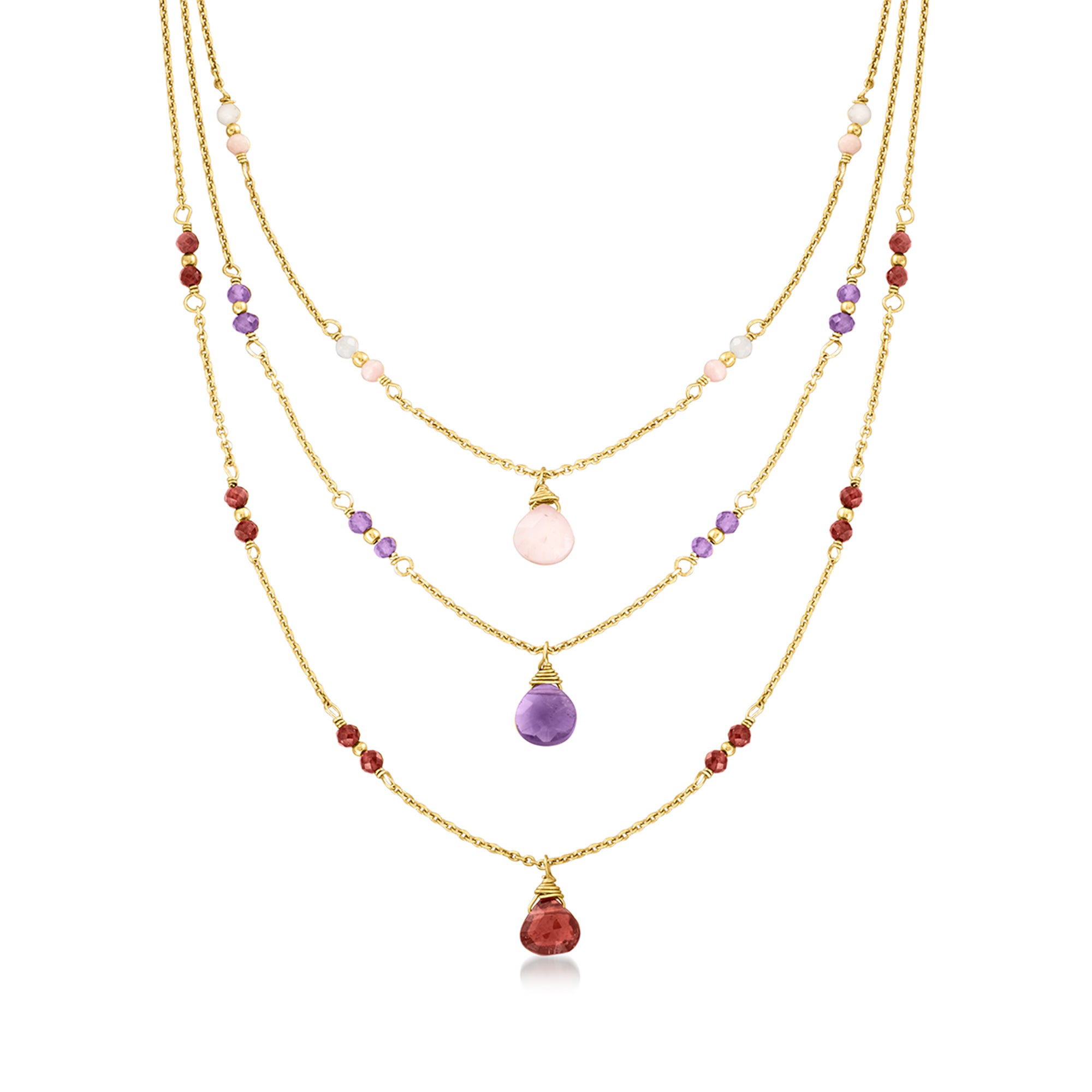 Italian Pink Opal Multi-Gemstone Layered Necklace in 24kt Gold Over Sterling F2902