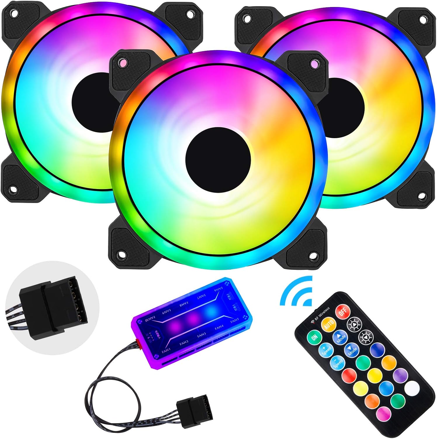 3 Pack 120mm RGB Case Fans with Remote Control Hub M50222