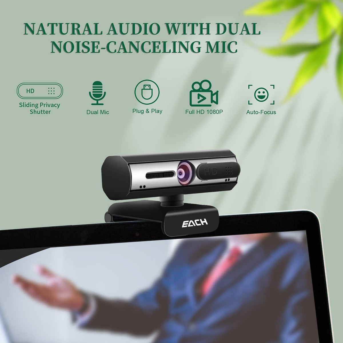 1080P USB Webcam with Dual Microphone & Privacy Cover D61874