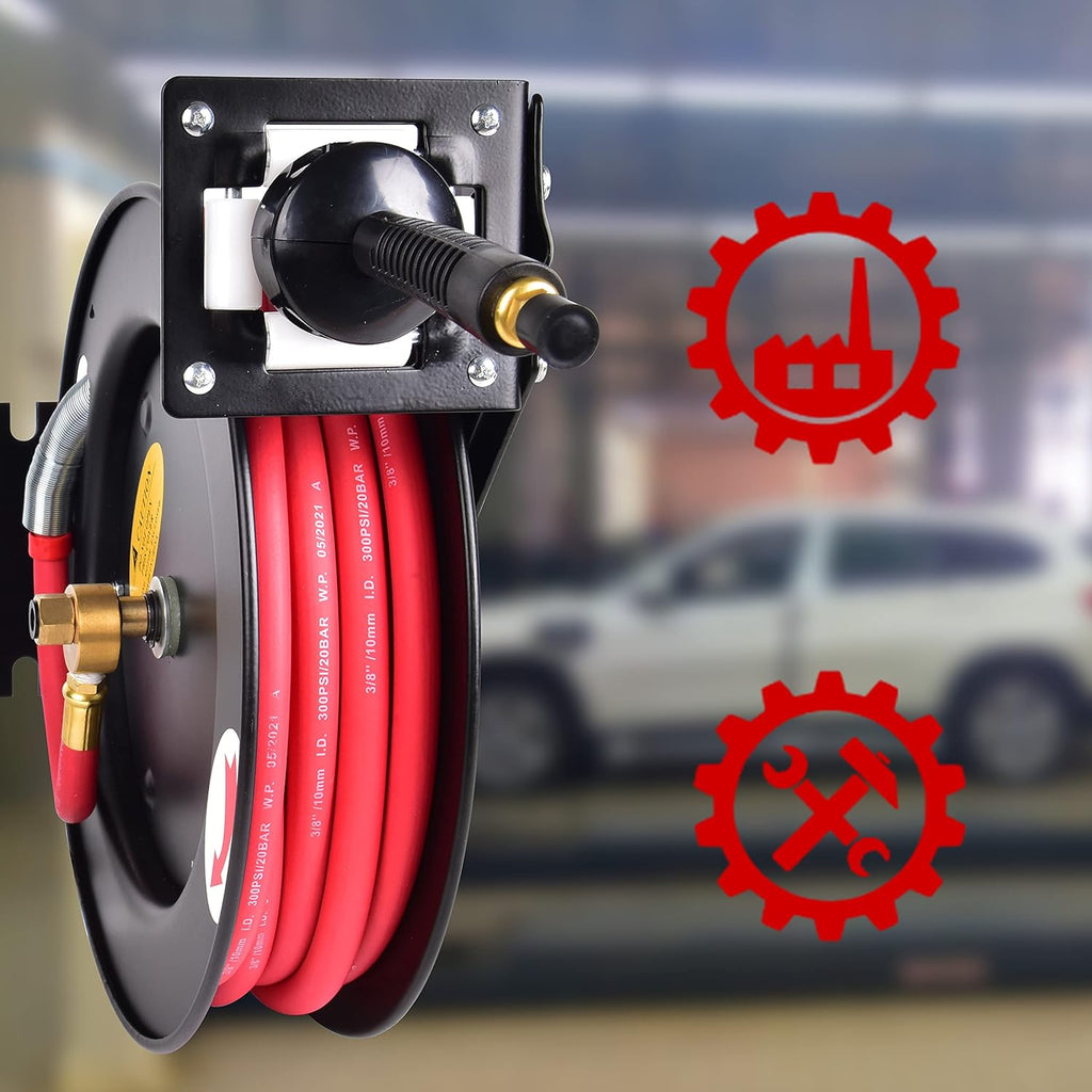 Retractable 3/8 in x 25 ft Air Hose Reel, Wall Mount, 300 PSI Hybrid Hose, Pack of 2 T13611