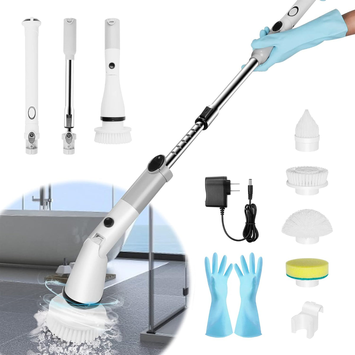 Electric Spin Scrubber with Adjustable Extension Handle, 4 Replaceable Brush Heads, Pack of 2 Z2469