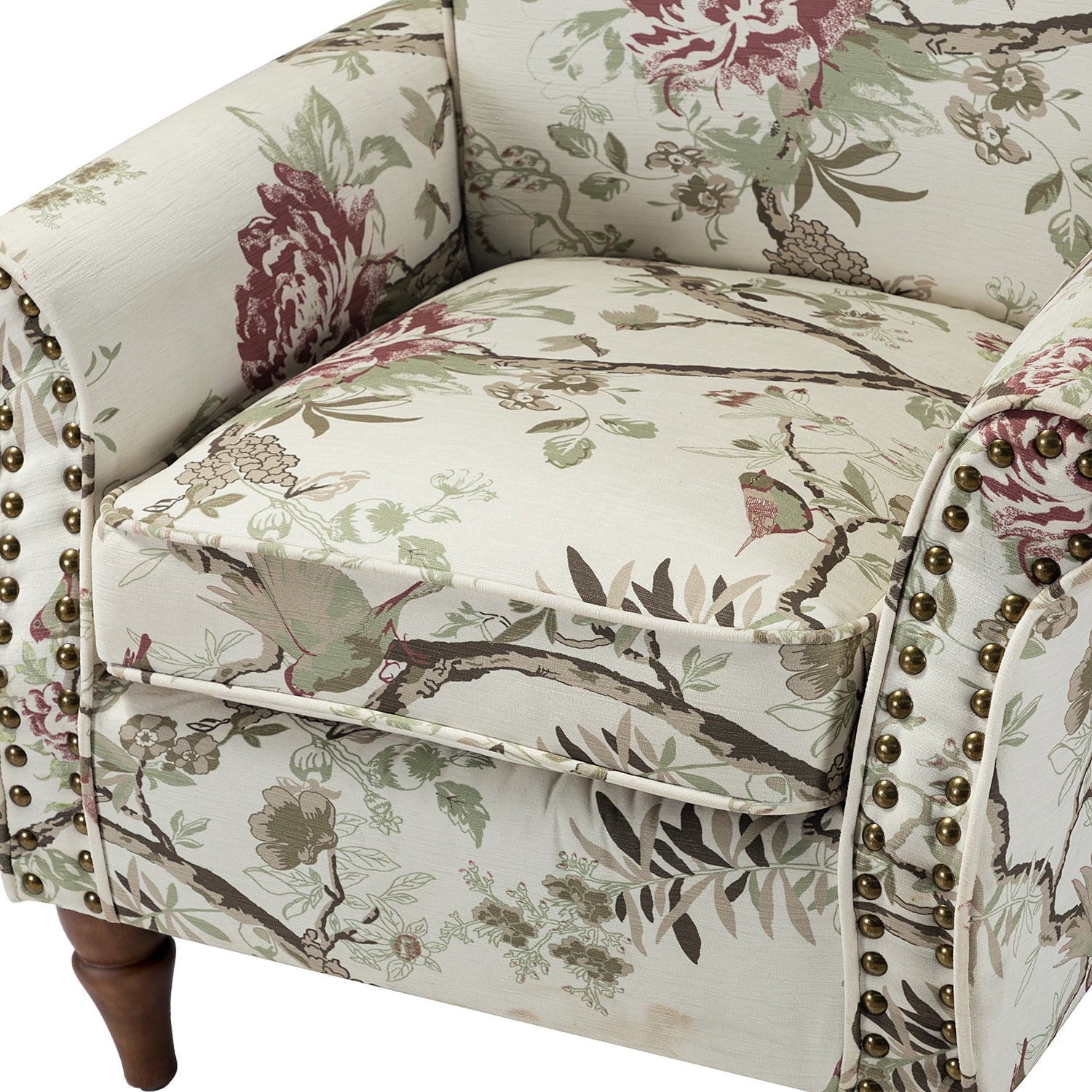 Wooden Upholstered Accent Chair Set of 2 with Removable Cushion Wingback Floral Lounge Sofa Set Nailhead Trim X43018