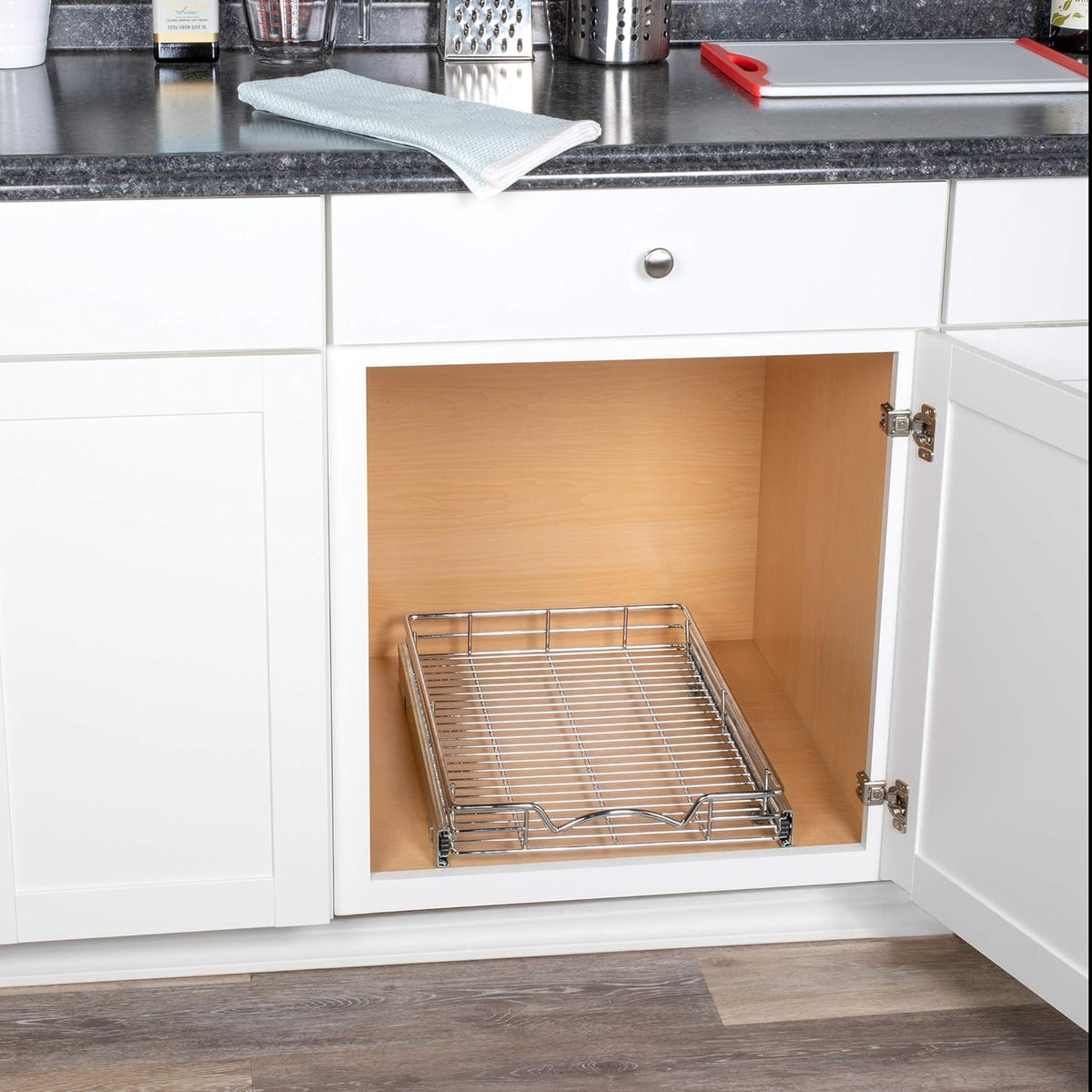 14"W x 21"D Chrome Wire Frame Pull Out Drawer Cabinet Organizer S45078