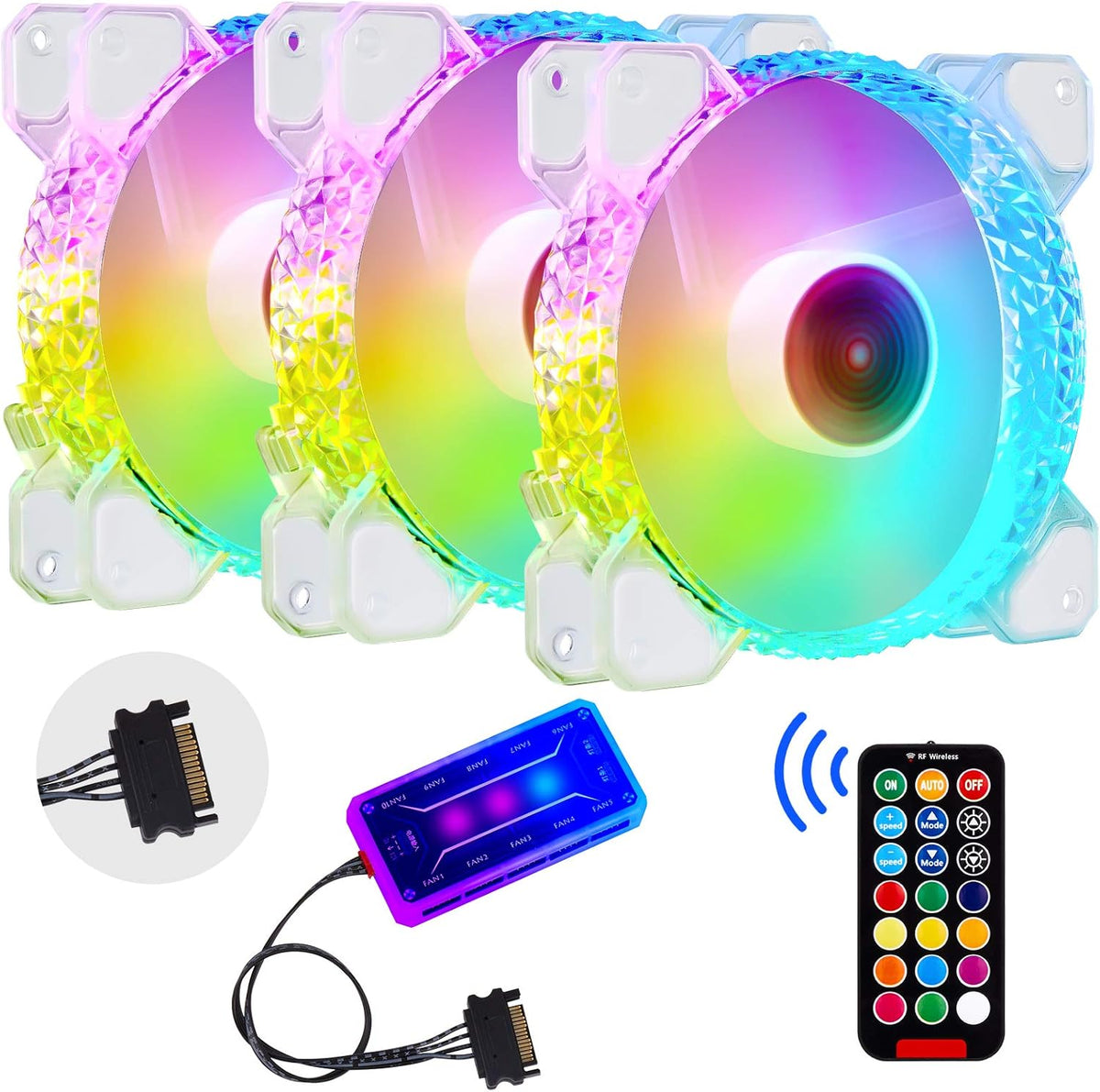3 Pack 120mm RGB Case Fans with Remote Control Hub M50222