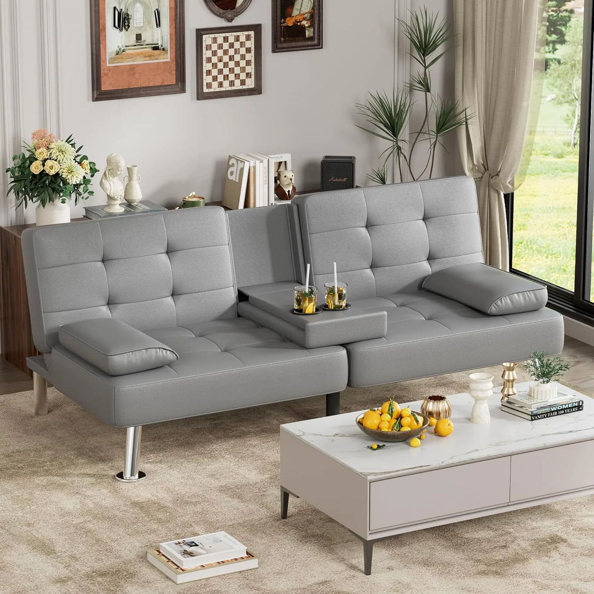 Faux Leather Convertible Folding Futon Sofa Bed with Removable Armrests and 2 Cup Holders V225213