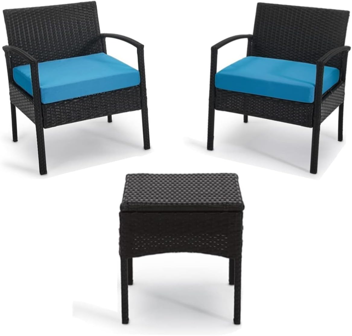 3 PCS Patio Rattan Conversation Chair Set with Coffee Table Blue X520