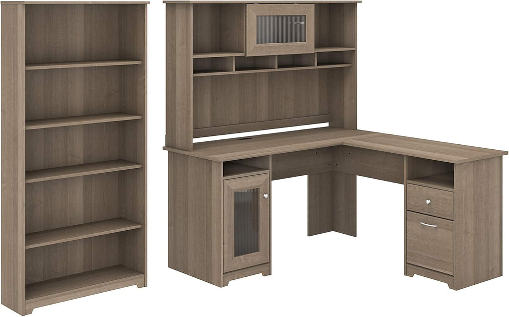 L Shaped Desk with Hutch and 5 Shelf Bookcase N43605