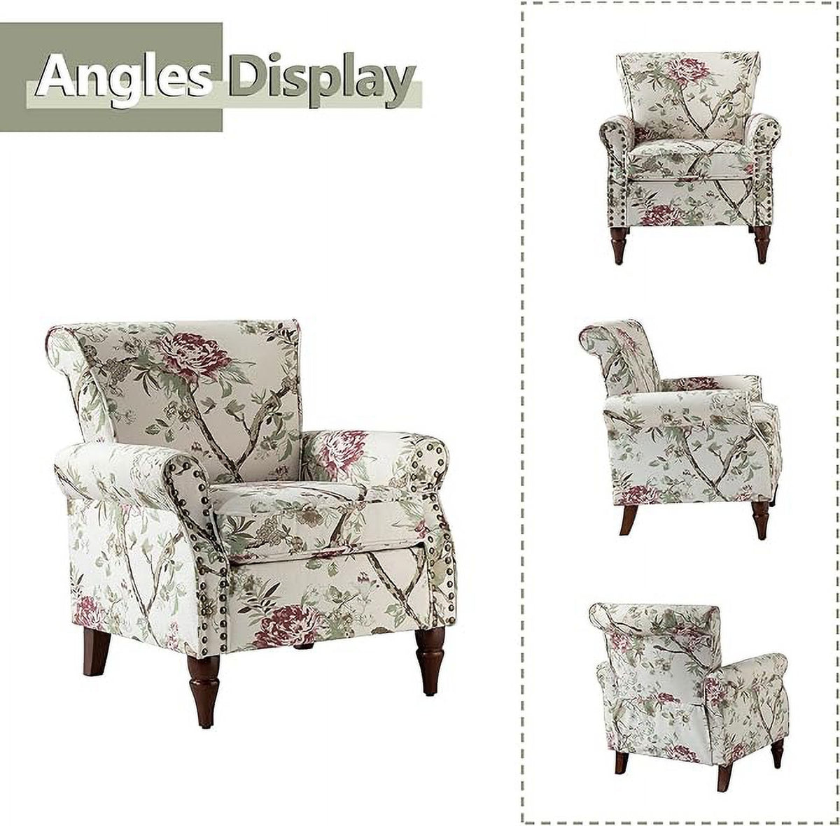 Wooden Upholstered Accent Chair Set of 2 with Removable Cushion Wingback Floral Lounge Sofa Set Nailhead Trim X43018