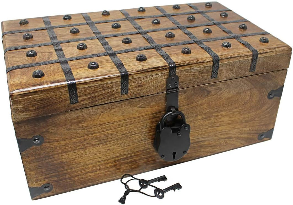 Treasure Chest Wooden Box with Antique Iron Lock and Skeleton Key W375