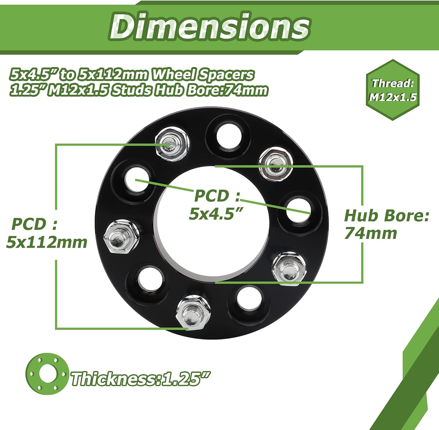 5x4.5 to 5x112 Wheel adapters, 1.25 inch, 74mm Hub Bore, 12x1.5 Thread Pitch I225693