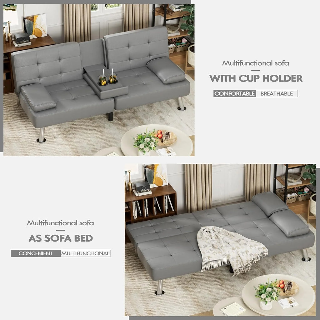 Faux Leather Convertible Folding Futon Sofa Bed with Removable Armrests and 2 Cup Holders V225213