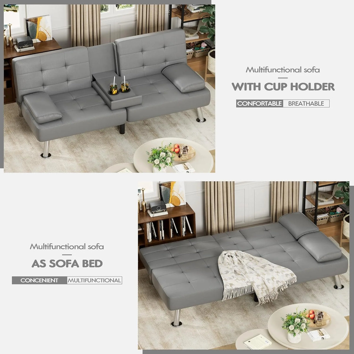 Faux Leather Convertible Folding Futon Sofa Bed with Removable Armrests and 2 Cup Holders V225213
