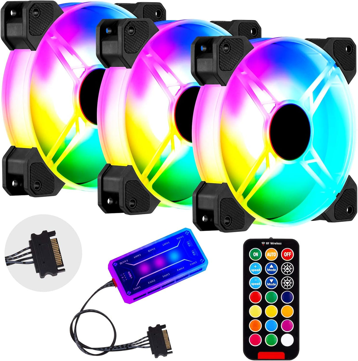 3 Pack 120mm RGB Case Fans with Remote Control Hub M50222