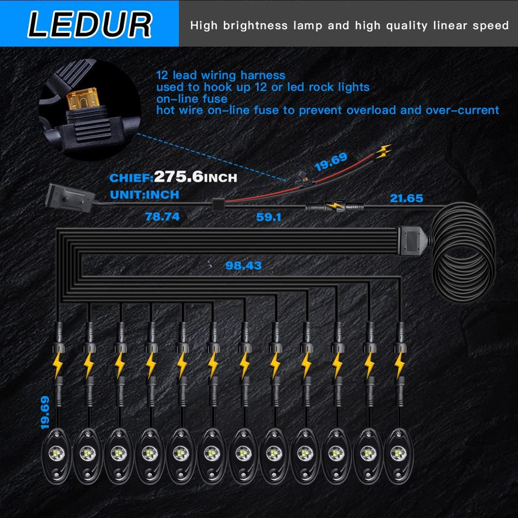 White 12Pods LED Rock Lights Kit with Switch Wire Harness H87187