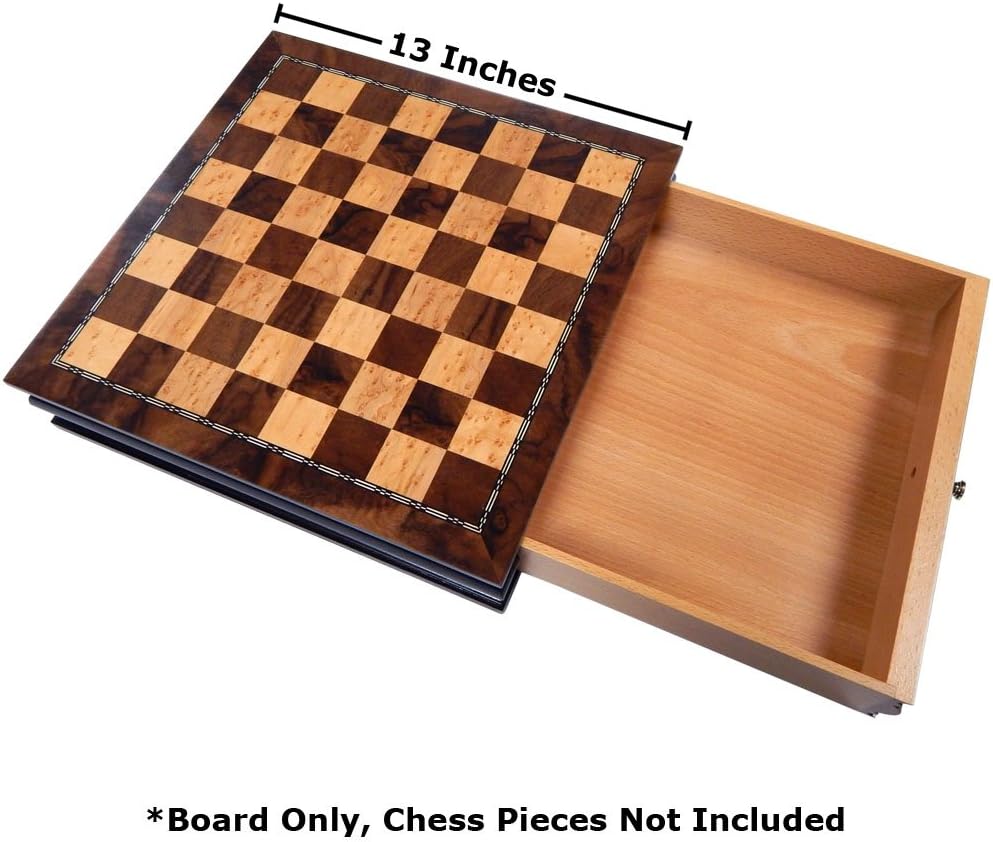 Burl Wood Inlaid Chess Cabinet with Drawer, Medium 13 x 13 Inch Board Y99728
