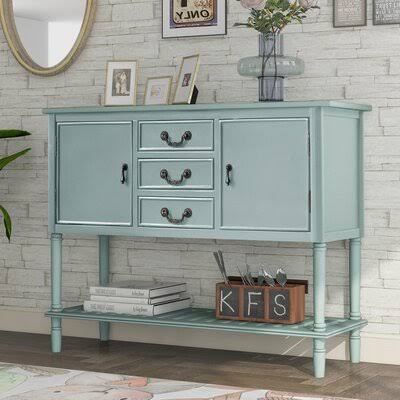 Light Green 3 Drawers Console Table with 2 Cabinets and 1 Shelf O3988