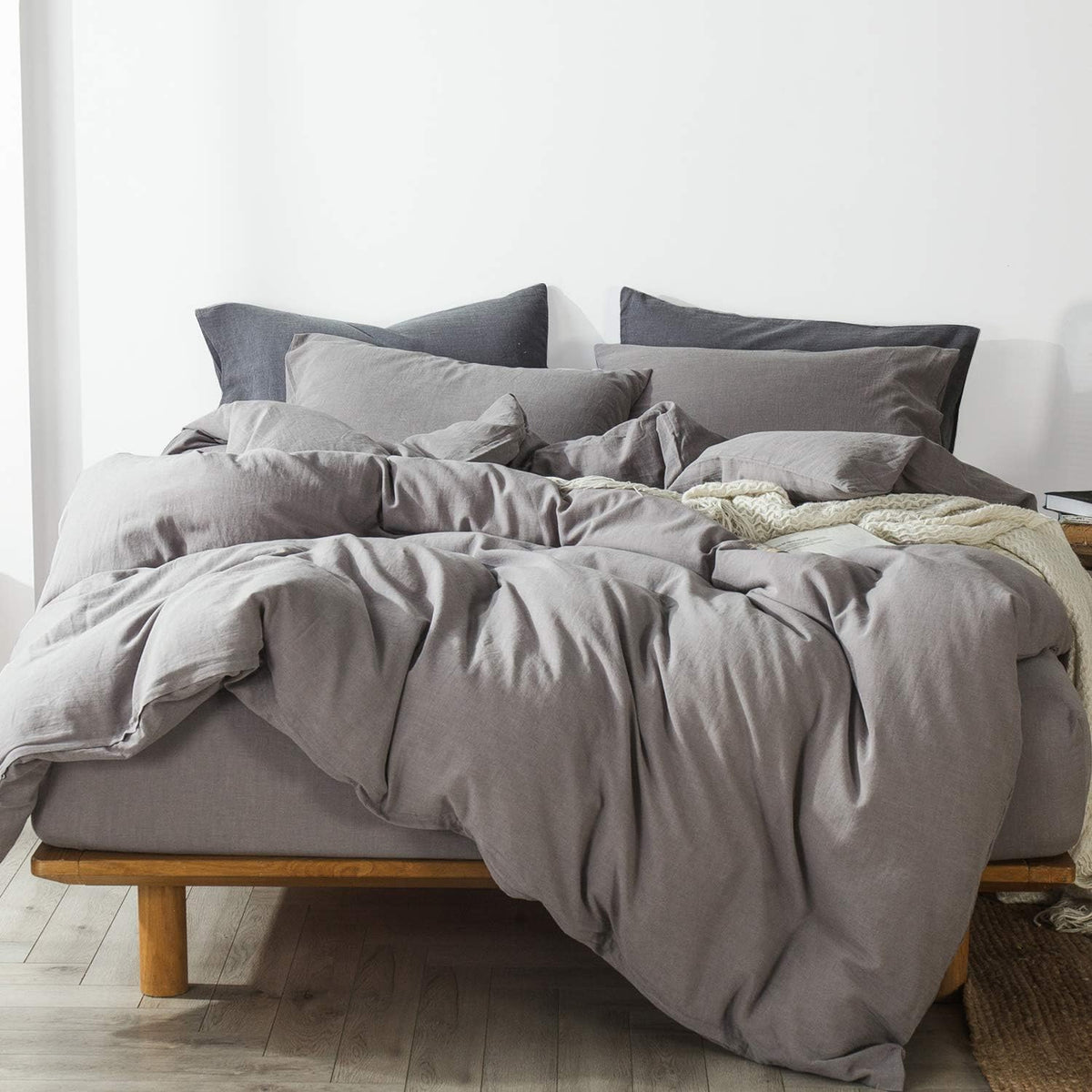 Pre-Washed Cotton Duvet Cover Set Heathered Dark Gray Queen S3343
