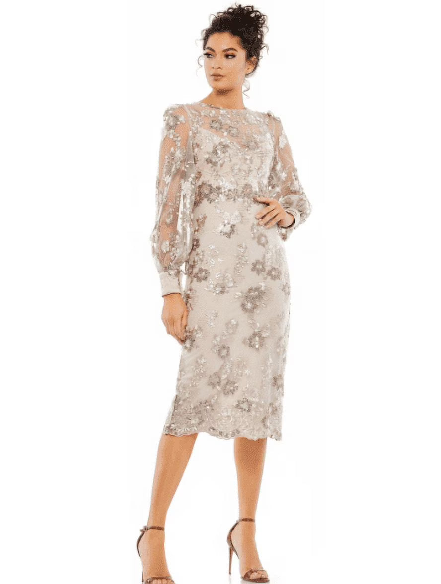 Mocha Embellished High Neck Illusion Long Sleeve Dress S480129