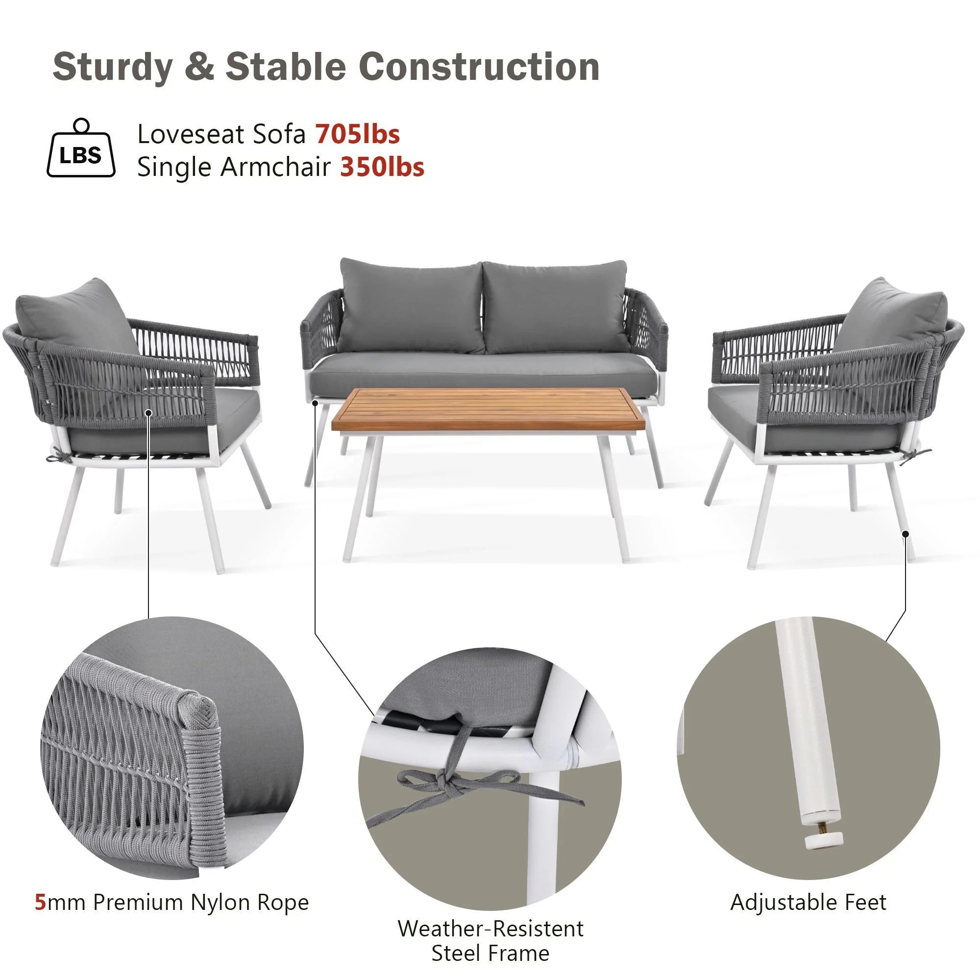4 Piece Patio Conversation Set with Acacia Wood Table, Gray W588194