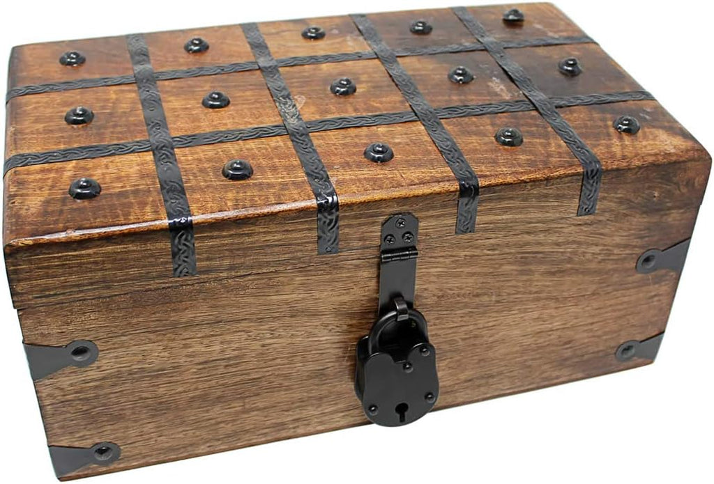 Treasure Chest Wooden Box with Antique Iron Lock and Skeleton Key W375