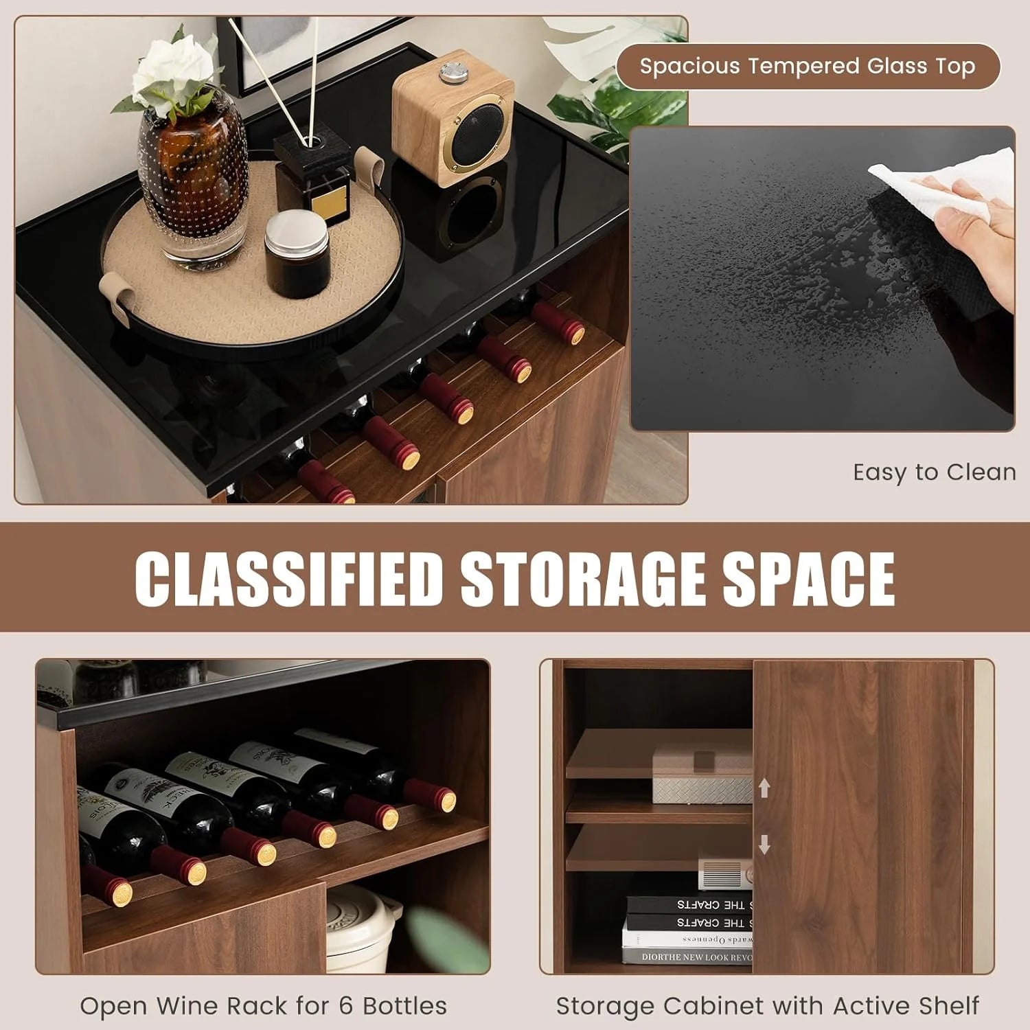 Wine Cabinet Sideboard Buffet Cabinet with Tempered Glass Top Sliding Door Freestanding Wine Rack Table I7136