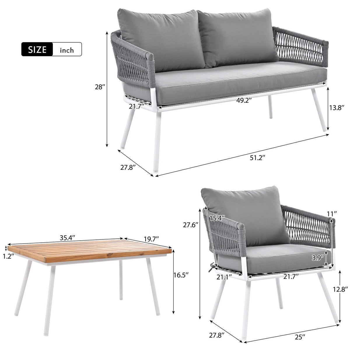 4 Piece Patio Conversation Set with Acacia Wood Table, Gray W588194